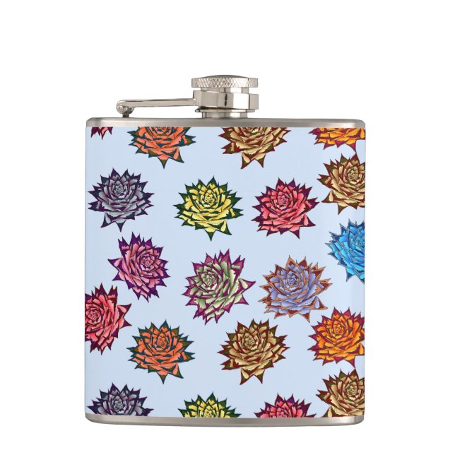 Spiked Rose Print, Modern Style Floral Pattern Hip Flask (Front)