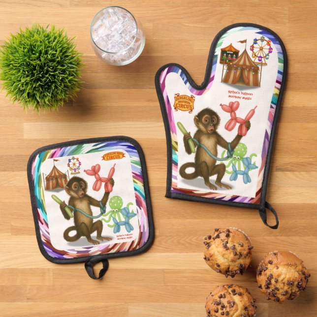 Spike's balloon monkey magic oven mitt & pot holder set (Top Down)