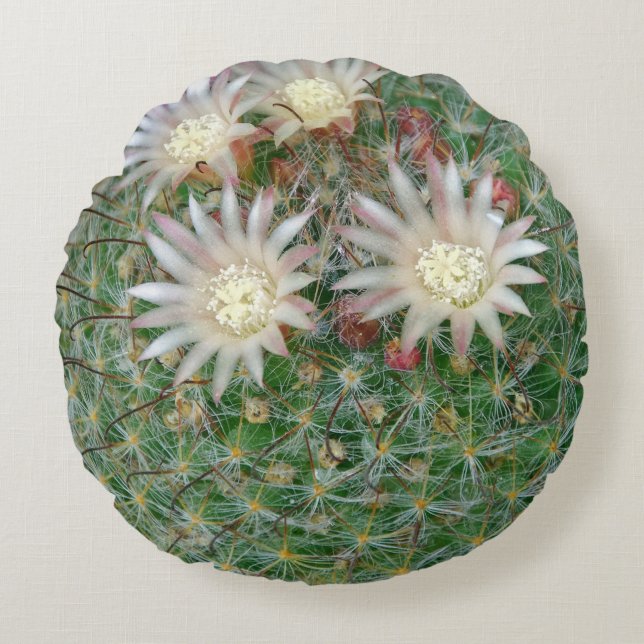Spikey Flowering Natural Green Cactus Round Cushion (Front)