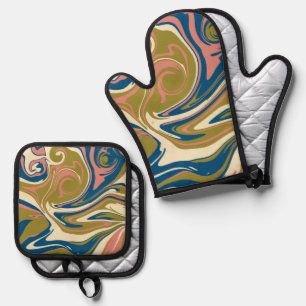Spill - Blue, Olive Green, Pink and Cream Oven Mitt & Pot Holder Set