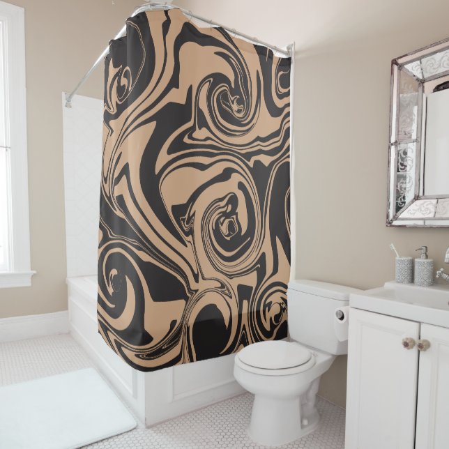 Spill in Tan and Black retro, marble swirl Shower Curtain (In Situ)