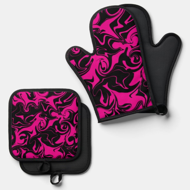 Spill - Magenta and Black Oven Mitt & Pot Holder Set (Front/Back)