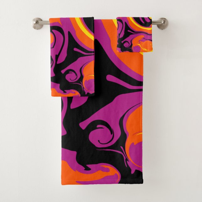 Spill - Orange, Black, Pink and Yellow Bath Towel Set (Insitu)