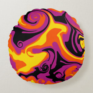 Spill - Orange, Black, Pink and Yellow Round Cushion