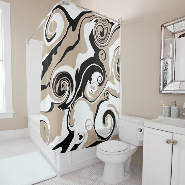 Spill - Taupe, Black and White Shower Curtain (In Situ)