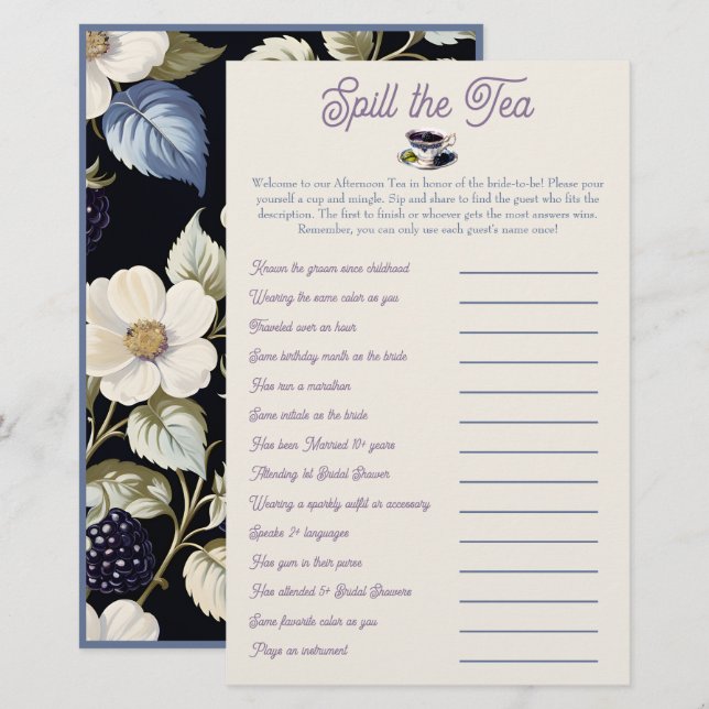 Spill the Tea: Bridal Shower Mix and Mingle Game (Front/Back)