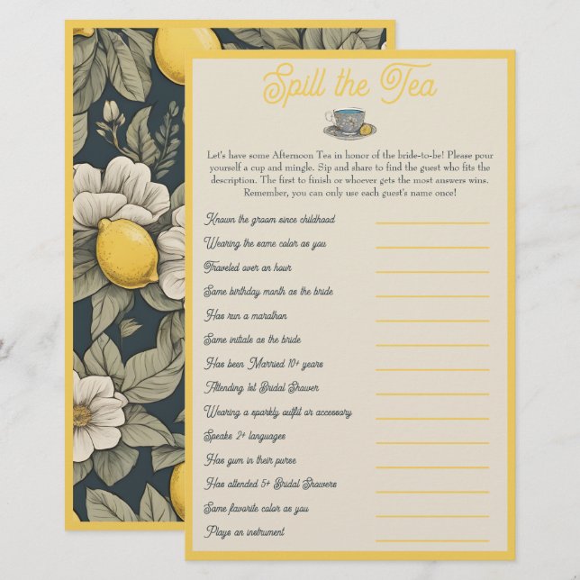 Spill the Tea: Bridal Shower Mix and Mingle Game (Front/Back)