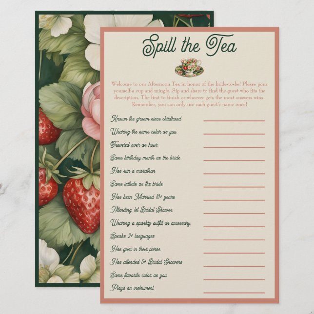 Spill the Tea: Bridal Shower Mix and Mingle Game (Front/Back)