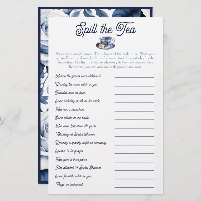 Spill the Tea: Bridal Shower Mix and Mingle Game (Front/Back)