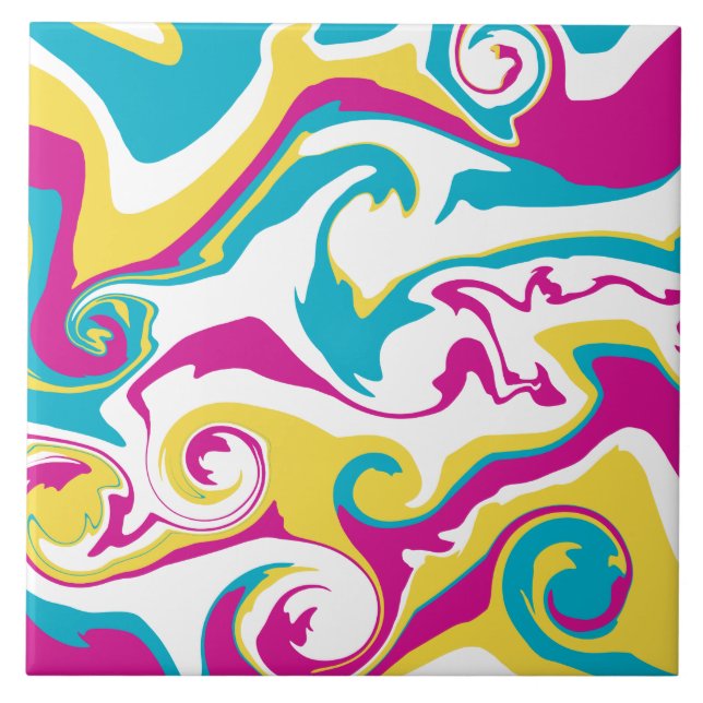 Spill - Turquoise, Yellow, Pink and White Ceramic Tile (Front)
