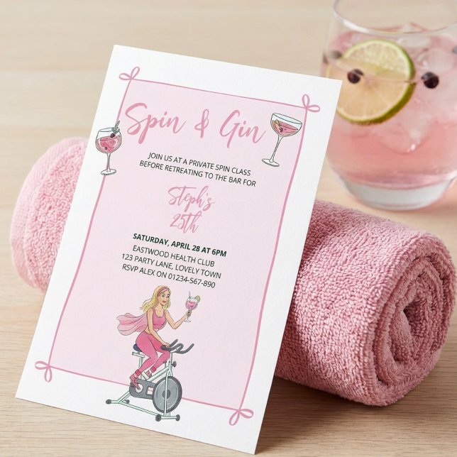 Spin and Gin Pink Class and Cocktail Party Invitation (Spin and Gin party invitation  for fun loving fitness pals)