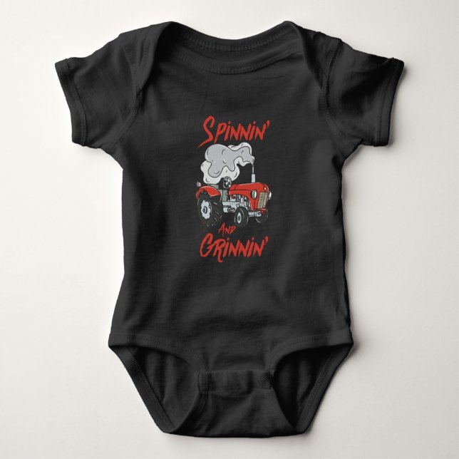 Spinning and Smiling Tractor Pulling Farmer Baby Bodysuit (Front)