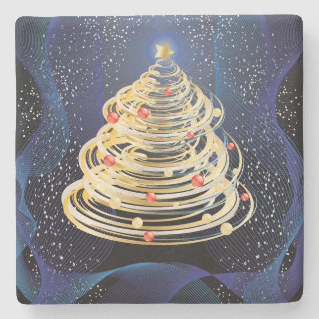 Spinning Gold Swirls Modern Christmas Tree Stone Coaster (Front)