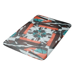 Spinning Tile Design in Orange, Black, and Aqua Bath Mat