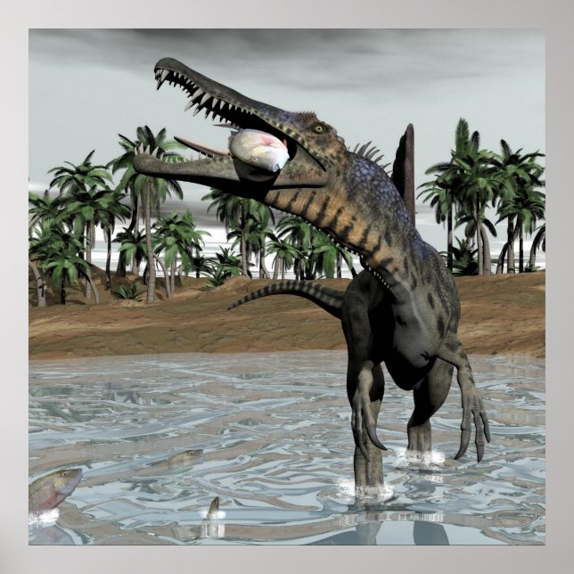 Spinosaurus dinosaur eating fish - 3D render Poster (Front)