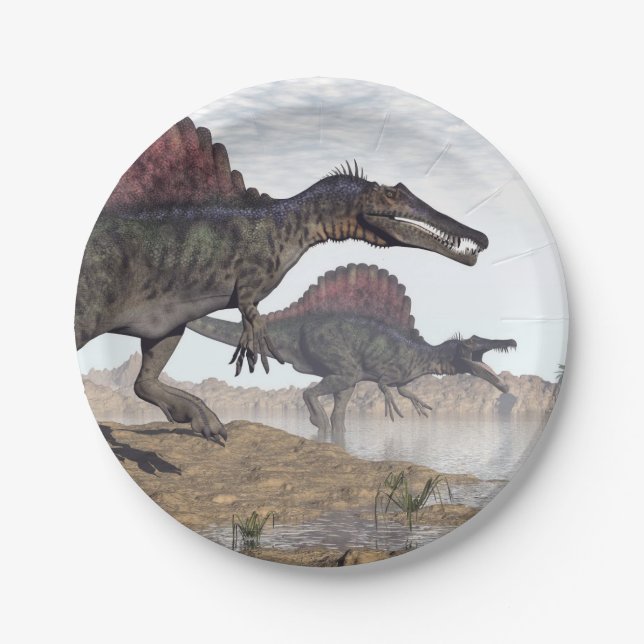Spinosaurus dinosaurs in desert - 3D render Paper Plate (Front)