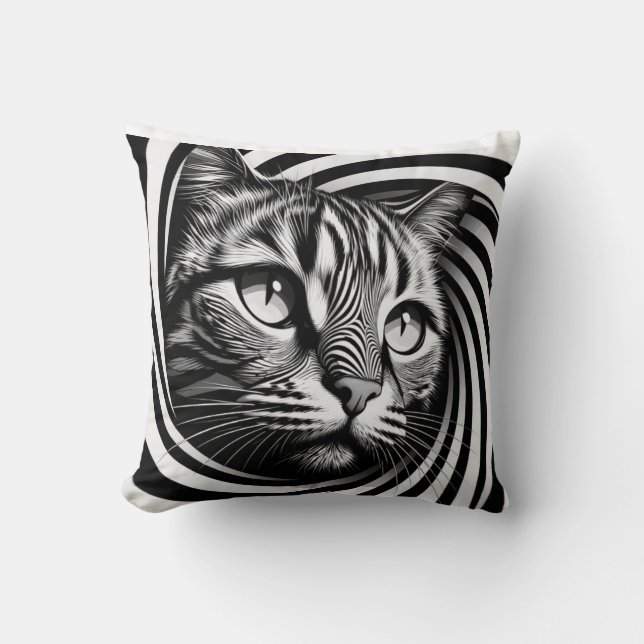 Spiral Cat Face Cushion – Hypnotic Feline Optical  (Front)