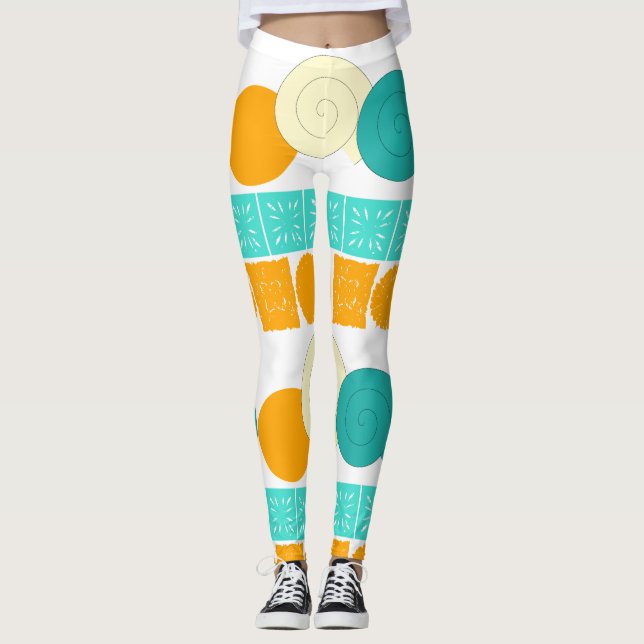 Spiral Circle Floral Square Orange Mint Leggings (Front)