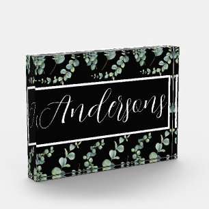 Spiral Eucalyptus Pattern with White Monogram Photo Block