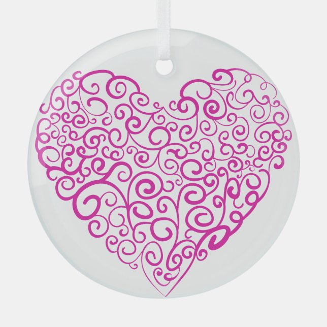 Spiral handwriting pink heart for Valentines Day Glass Tree Decoration (Front)