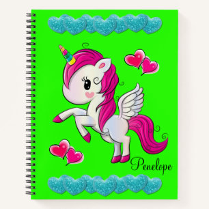 Spiral Notebook Blue Hearts Unicorn Green