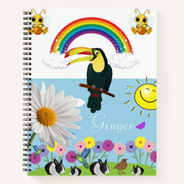 Spiral Notebook Bumblebee Rabbits Parrot Sun (Front)
