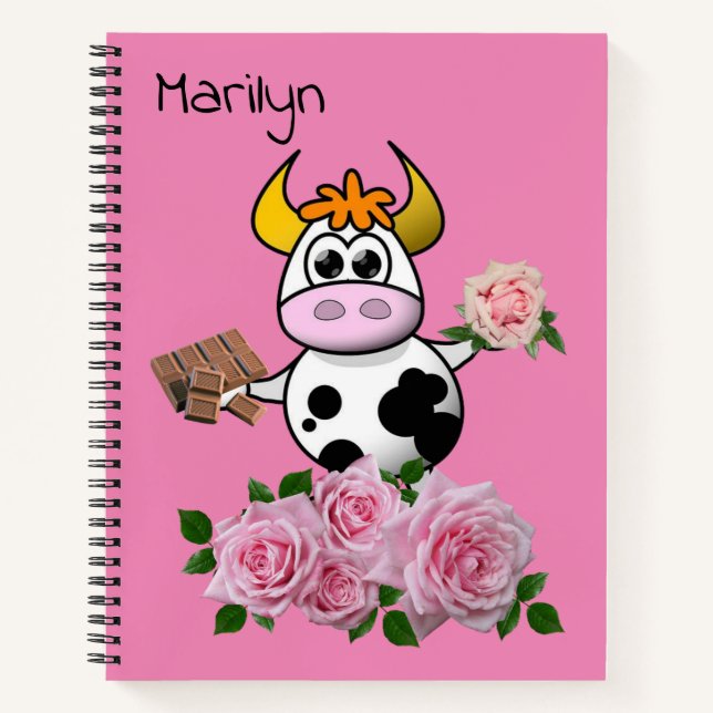 Spiral Notebook Cow Chocolate Pink Roses Floral (Front)