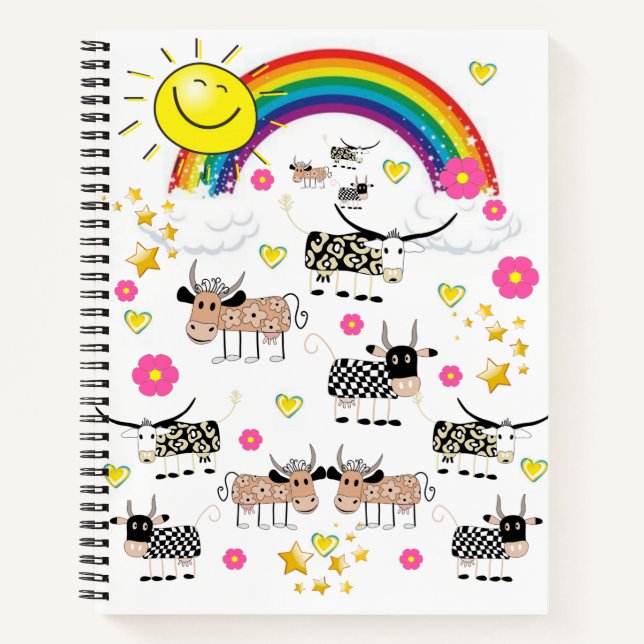 Spiral Notebook Cow Rainbow Sun Clouds (Front)