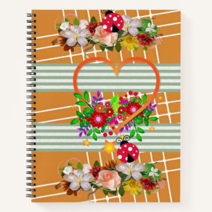 Spiral Notebook Ladybug Orange Heart Floral