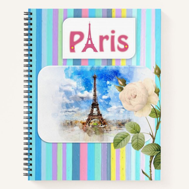 Spiral Notebook Paris France Stripe Floral (Front)