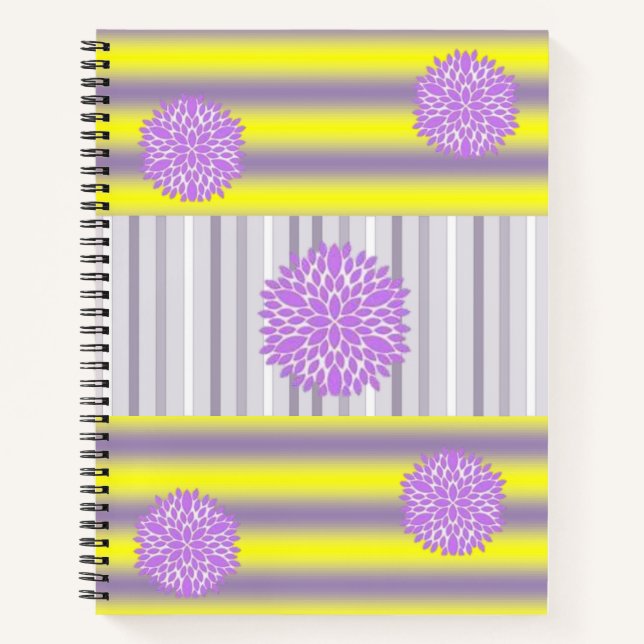 Spiral Notebook Yellow Grey Stripe Floral (Front)
