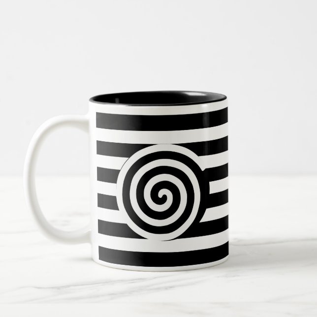 Spiral on Black & White Striped Coffee Mug (Left)