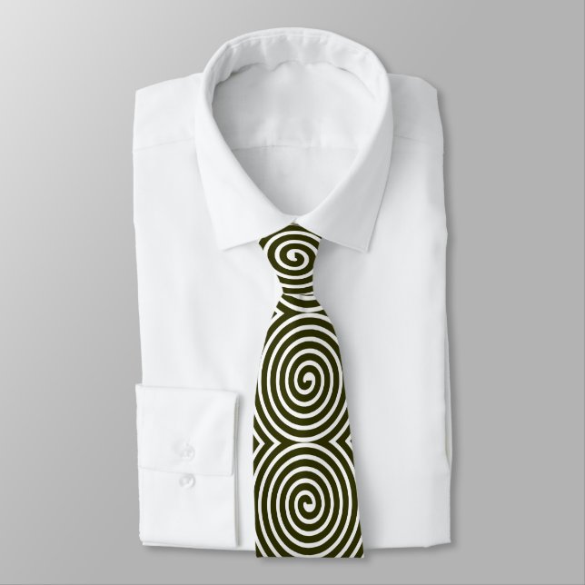 Spiral Pattern - Dark Olive and White Tie (Tied)