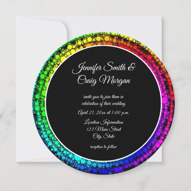 Spiral Rainbow Dots Black and White Wedding Invitation (Front)