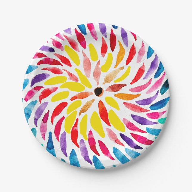 Spiral rainbow watercolor abstract paper plate (Front)
