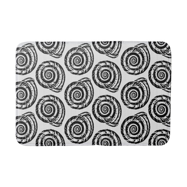 Spiral Seashell Block Print, Black and White Bath Mat (Front)