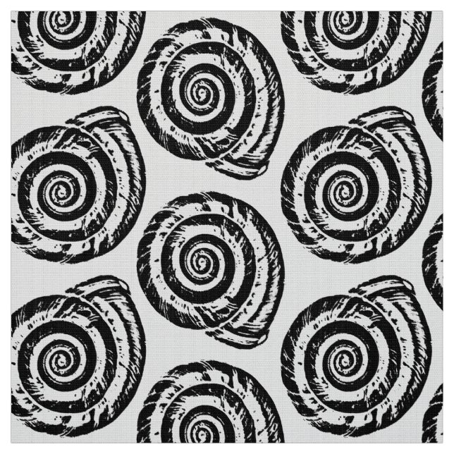 Spiral Seashell Block Print, Black and White Fabric (Swatch)