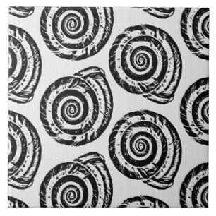 Spiral Seashell Block Print, Black and White Tile