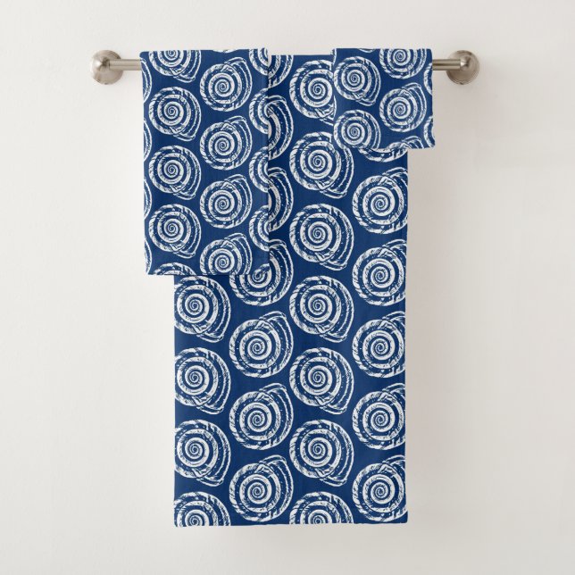 Spiral Seashell Block Print, Cobalt Blue and White Bath Towel Set (Insitu)