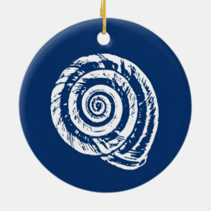 Spiral Seashell Block Print, Cobalt Blue and White Ceramic Ornament