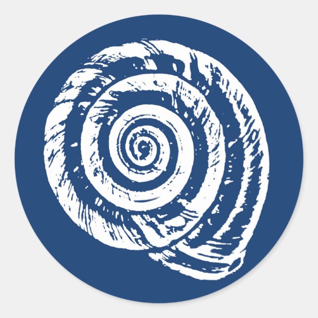Spiral Seashell Block Print, Cobalt Blue and White Classic Round Sticker (Front)