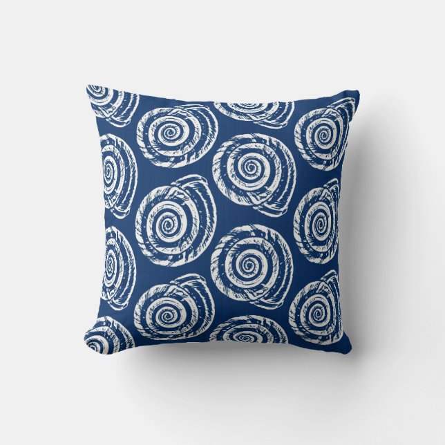 Spiral Seashell Block Print, Cobalt Blue and White Cushion (Front)