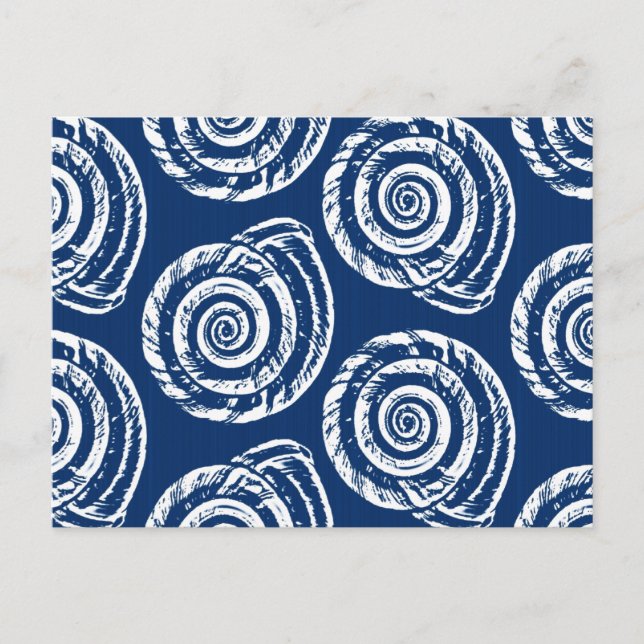 Spiral Seashell Block Print, Cobalt Blue and White Postcard (Front)