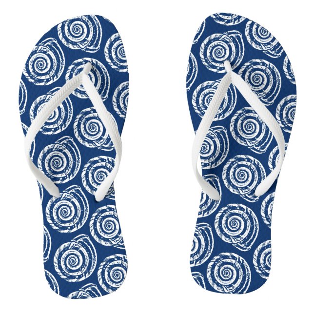 Spiral Seashell Block Print, Cobalt Blue and White Thongs (Footbed)