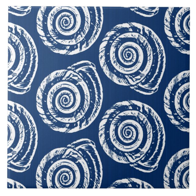 Spiral Seashell Block Print, Cobalt Blue and White Tile (Front)