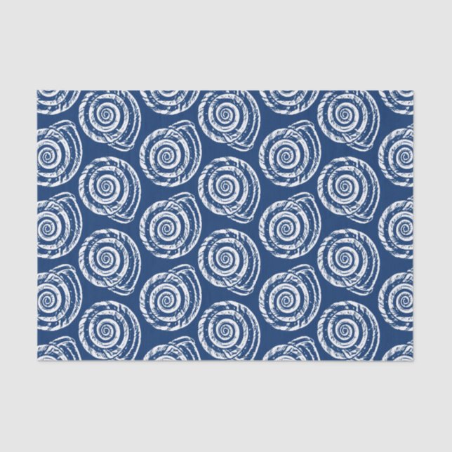 Spiral Seashell Block Print, Cobalt Blue and White Tissue Paper (Front)