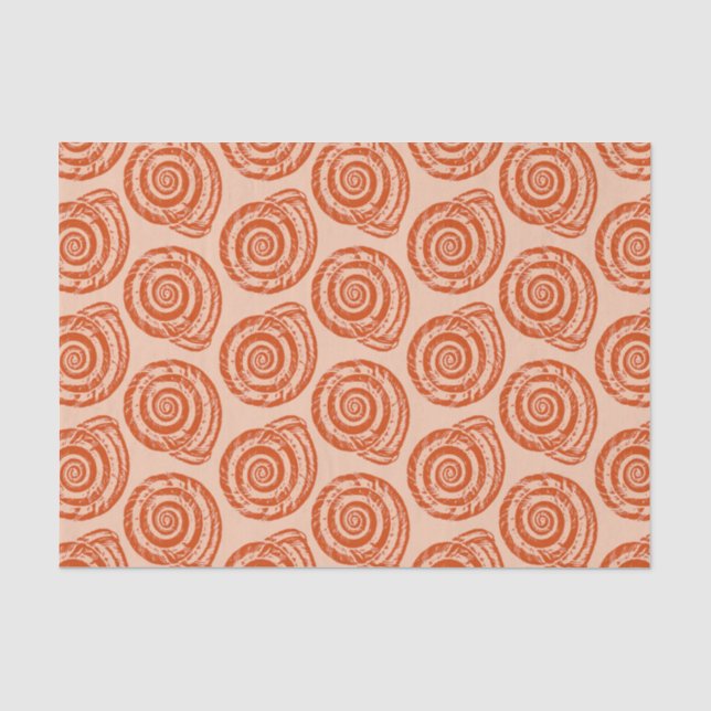 Spiral Seashell Block Print, Coral Orange Tissue Paper (Front)