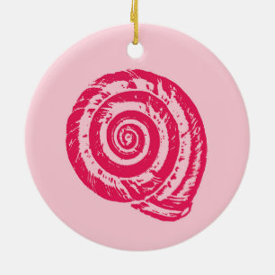 Spiral Seashell Block Print, Coral Pink & Fuchsia  Ceramic Ornament