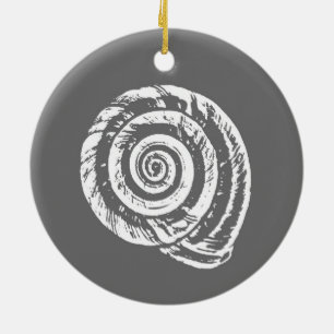 Spiral Seashell Block Print, Grey and White  Ceramic Ornament
