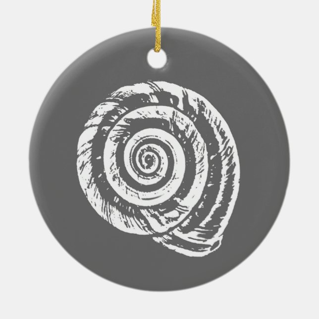Spiral Seashell Block Print, Grey and White  Ceramic Ornament (Back)